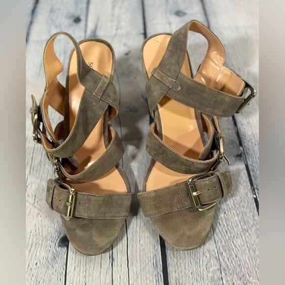 Sole Society SO Sable Gray Kidsuede Classic Minimalist Chic Leather Sandals 6.5 - Picture 1 of 8